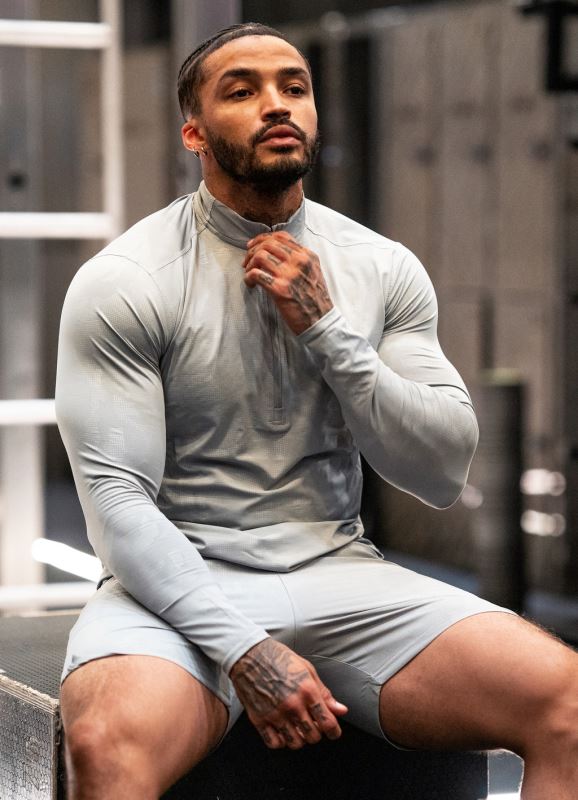 Gym King Debossed Camo 1/4 Zip Funnel Cloudy Grey Men Clothing J2PFB172 - Image 1
