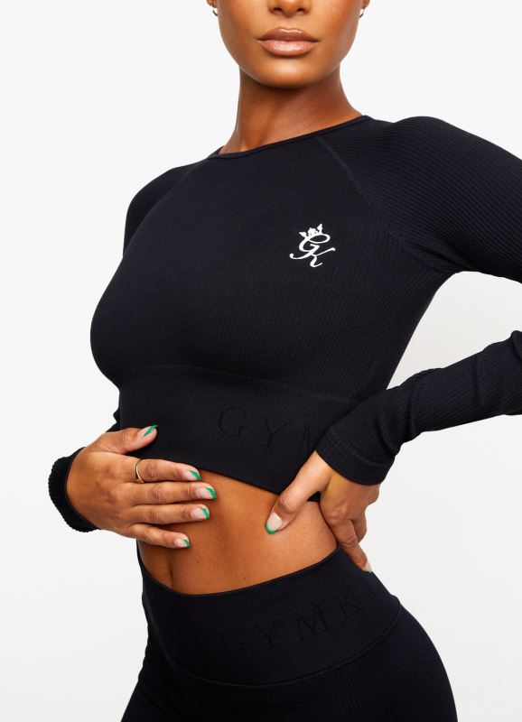 Gym King Formation Rib Long Sleeve Crop Tee Black Women Clothing J2PFB477 - Image 3