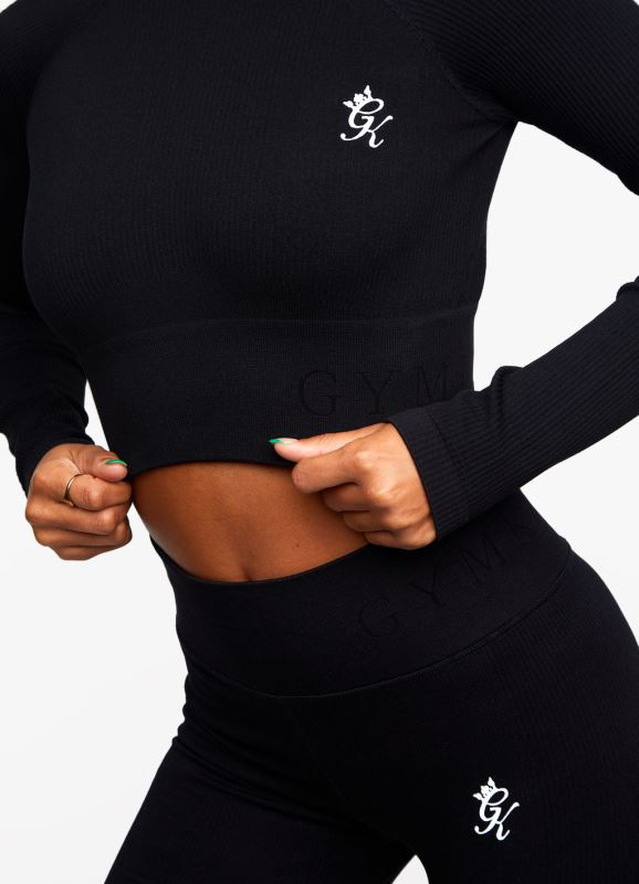 Gym King Formation Rib Long Sleeve Crop Tee Black Women Clothing J2PFB477 - Image 4