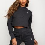 Gym King Sky Fleece Crop Hoodie Charcoal Marl/White Women Clothing J2PFB628