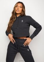 Gym King Sky Fleece Crop Hoodie Charcoal Marl/White Women Clothing J2PFB628 - Image 3