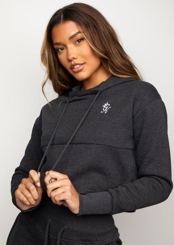 Gym King Sky Fleece Crop Hoodie Charcoal Marl/White Women Clothing J2PFB628 - Image 4