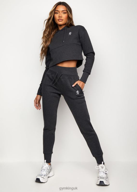 Gym King Sky Fleece Crop Hoodie Charcoal Marl/White Women Clothing J2PFB628 - Image 5