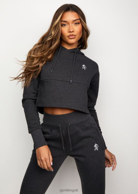 Gym King Sky Fleece Crop Hoodie Charcoal Marl/White Women Clothing J2PFB628 - Image 1