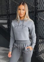 Gym King Sky Script Cropped Hoodie Steel Women Clothing J2PFB623