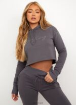 Gym King Sky Script Cropped Hoodie Steel Women Clothing J2PFB623 - Image 5