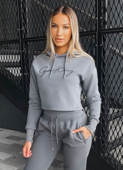 Gym King Sky Script Cropped Hoodie Steel Women Clothing J2PFB623