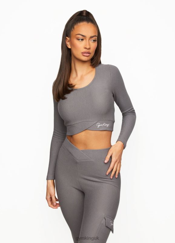 Gym King Transition Rib Long Sleeve Crop Gun Metal Women Clothing J2PFB467 - Image 1