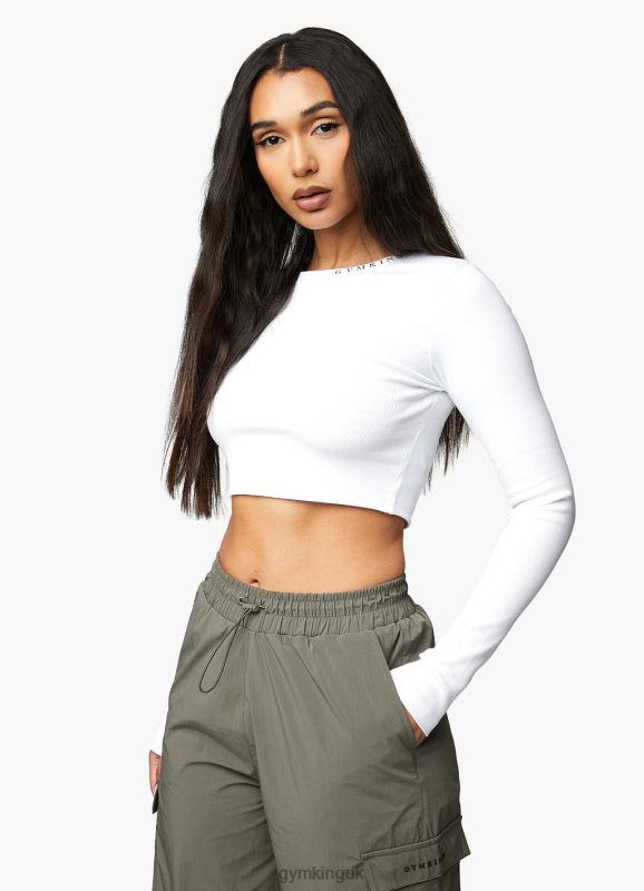 Gym King Utility Rib LS Crop Top White Women Clothing J2PFB400 - Image 5